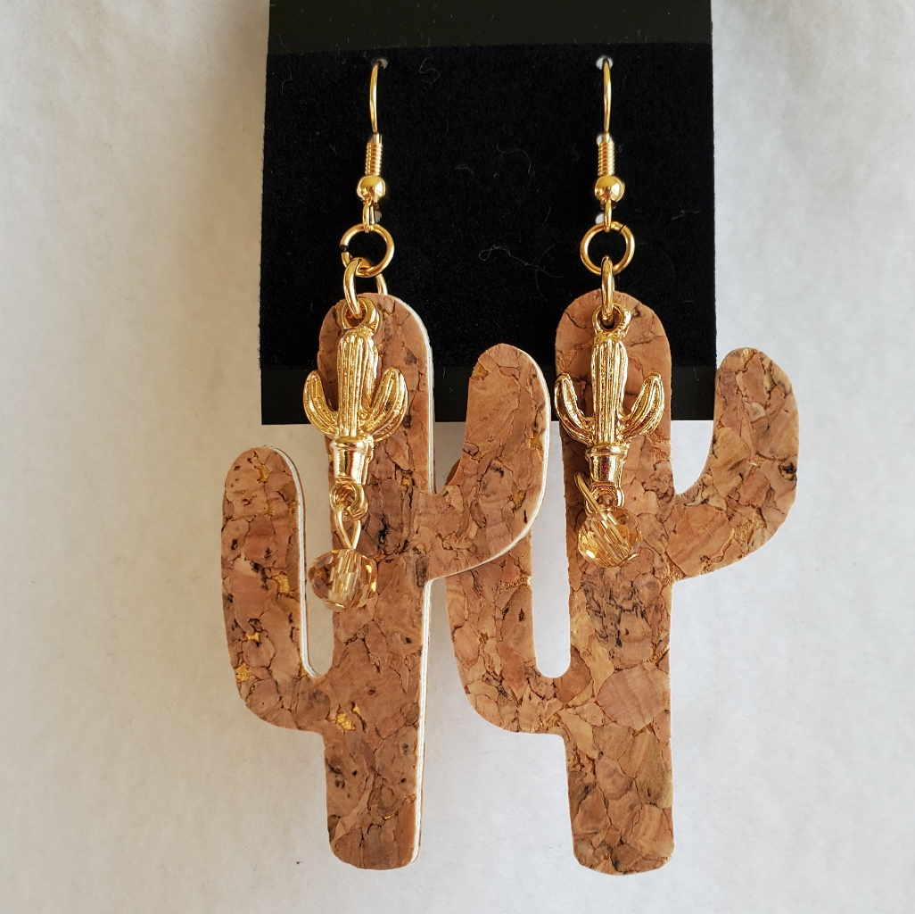 Womens Cork Cactus With Gold Hook Earrings